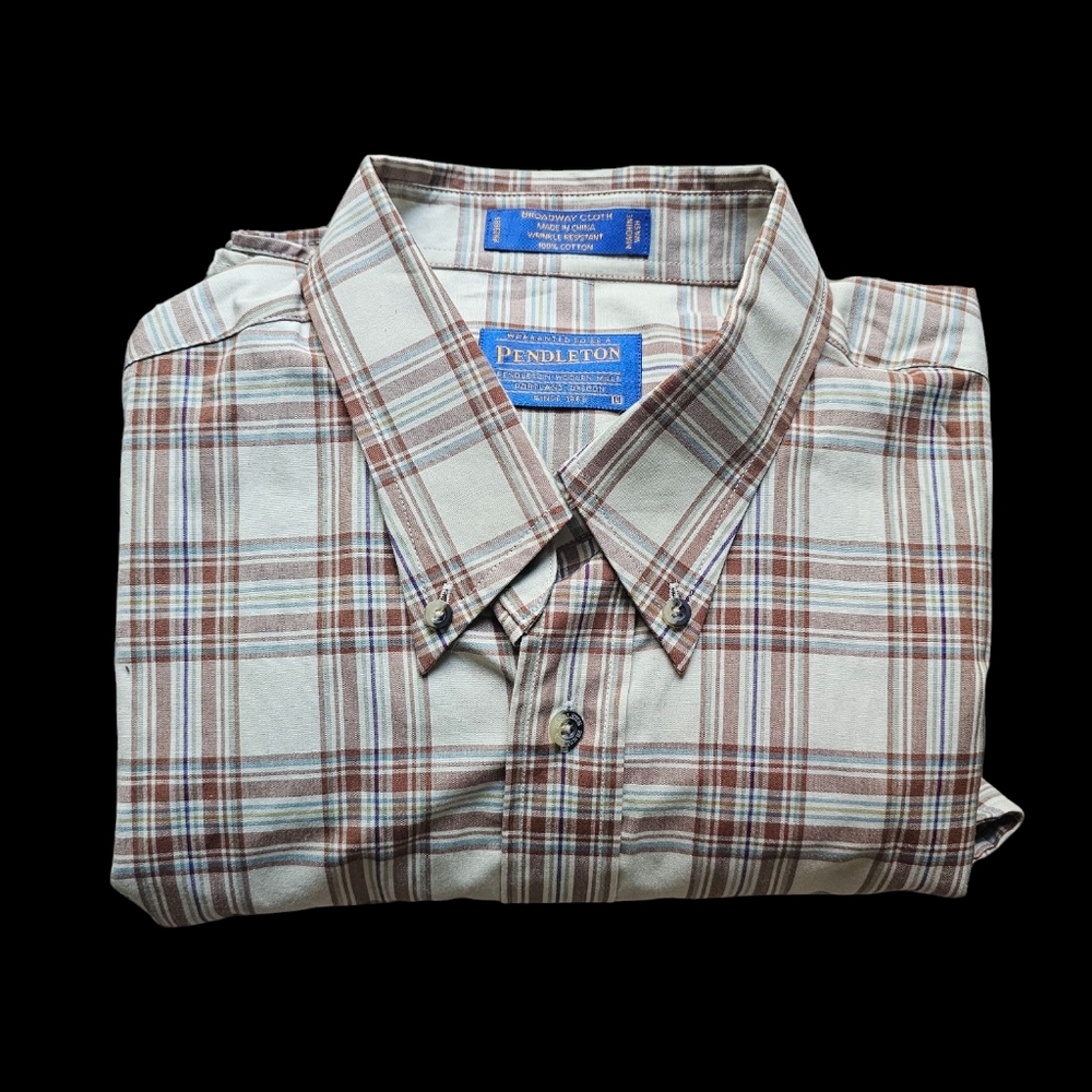 Pendleton 100% Cotton British Aristocrat Preppy Beige Brown Plaid Shirt Size L